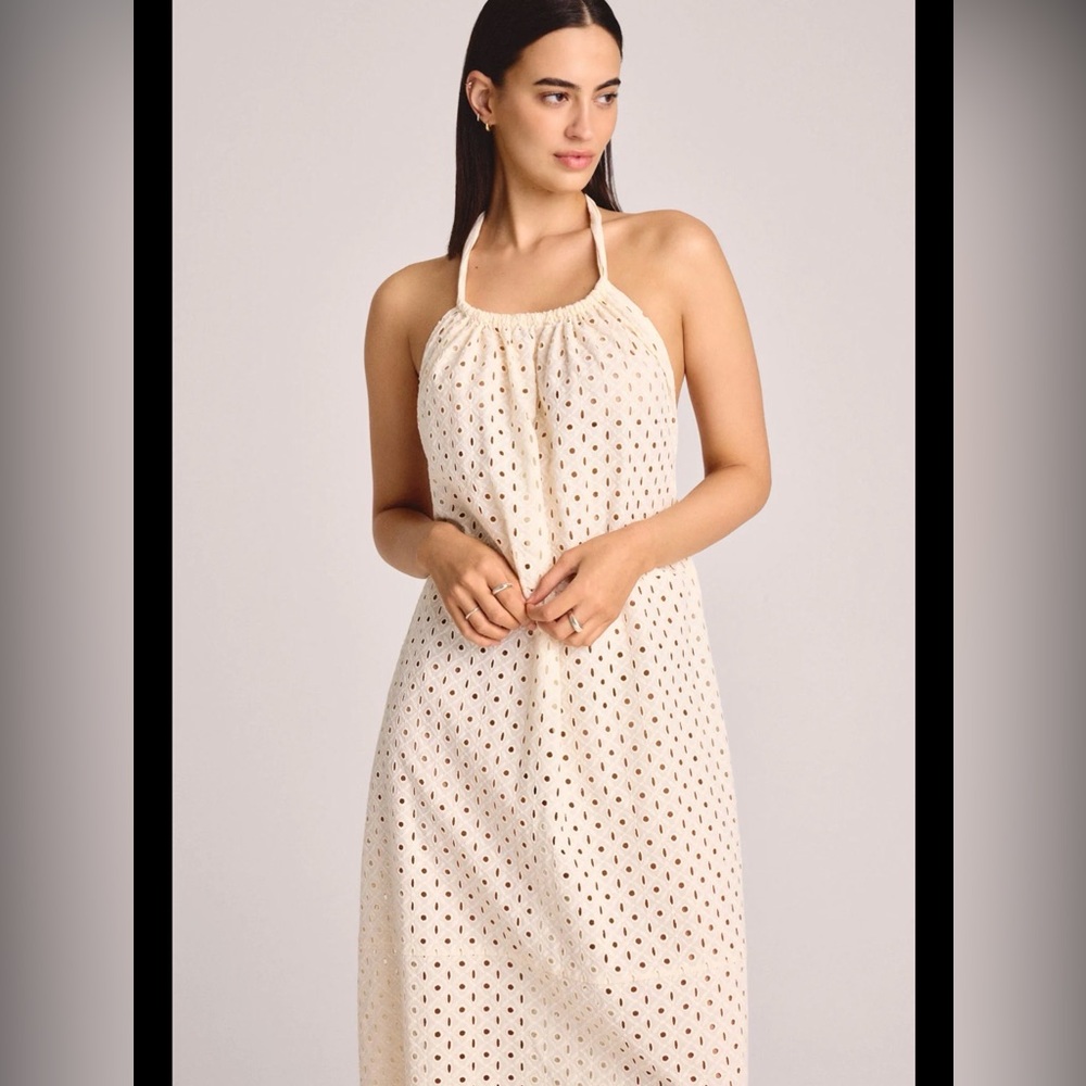 Vitamin A Women's Eyelet Halter Maxi Cover Up Dress in a cream-colored cotton - Picture 3 of 14